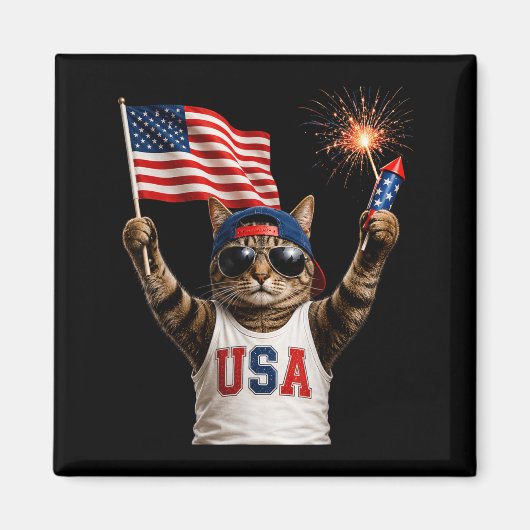 面白い愛国心のある猫USAフラッグ花火 250 マグネット (正面)