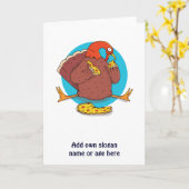 面白い感謝祭のターキー、ピザを食べるティーン、かっこいい カード (黄色い花)