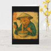 面白い日本の猫がラーメンを食べて携帯電話をスクロールするアニメ カード (黄色い花)