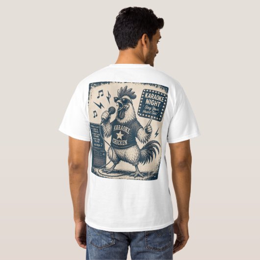 面白い歌う雄鶏 ビンテージ音楽イラスト Tシャツ (裏面フル)