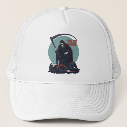 面白い死神Tシャツ – “I Will Visit Everyone" キャップ (正面)