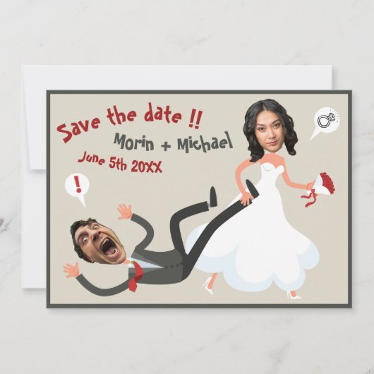 面白い漫画の写真がウェディングのSave the Dateに登場 招待状 (正面)