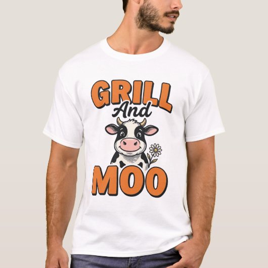 面白い牛のグリルとムー ビンテージTシャツデザイン_1 Tシャツ (正面)