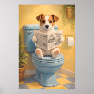 面白い犬がトイレで本を読むポスター、ユーモラスなバスルーム ポスター