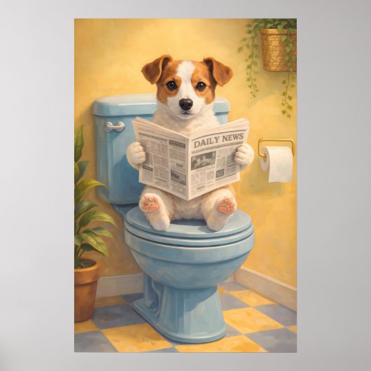 面白い犬がトイレで本を読むポスター、ユーモラスなバスルーム ポスター (正面)