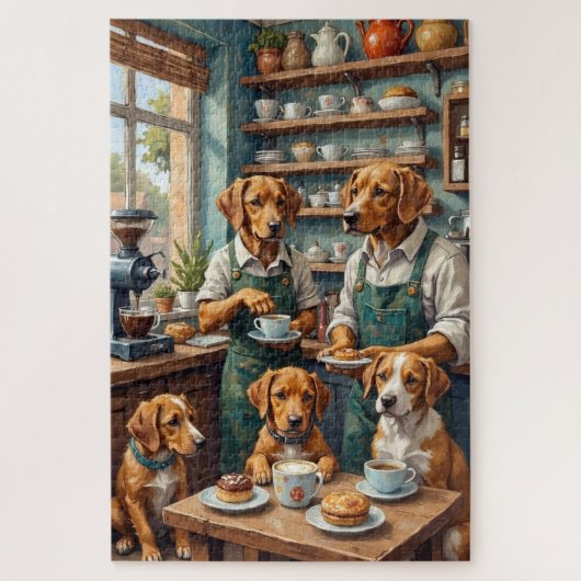 面白い犬が走るコーヒーショップのイラスト  犬 ジグソーパズル (縦)