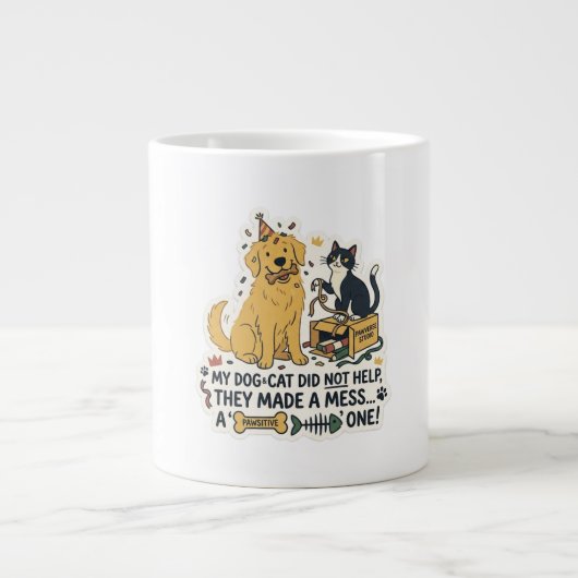 面白い犬と猫のイラスト入りコーヒーカップ ジャンボコーヒーマグカップ (正面)