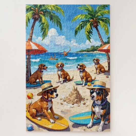 面白い犬のビーチパーティ 夏の犬好きアート ジグソーパズル (縦)