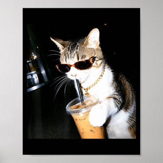 面白い猫がアイスコーヒーを飲むユーモアのミーム子猫 ポスター (正面)