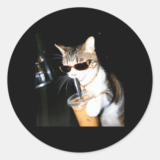 面白い猫がアイスコーヒーを飲む・ユーモア・ミーム・子猫 ラウンドシール (正面)