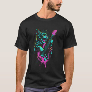 面白い猫がギターを弾く ロックンロール ドリップ レトロ Tシャツ