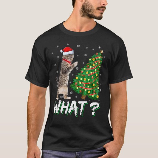 面白い猫がクリスマスツリーを倒す 猫のクリスマス Tシャツ (正面)