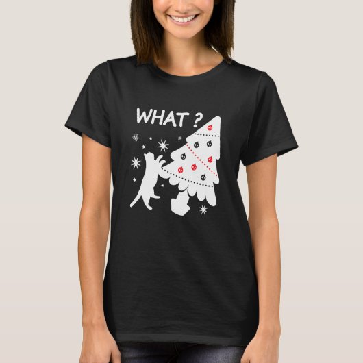 面白い猫がクリスマスツリーを突き飛ばす Tシャツ (正面)