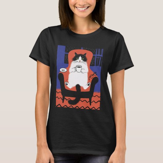 面白い猫がコーヒーを飲むロングスリーブ Tシャツ (正面)