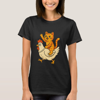 面白い猫がニワトリに乗っているキャラクター 面白い かわいい猫 Tシャツ