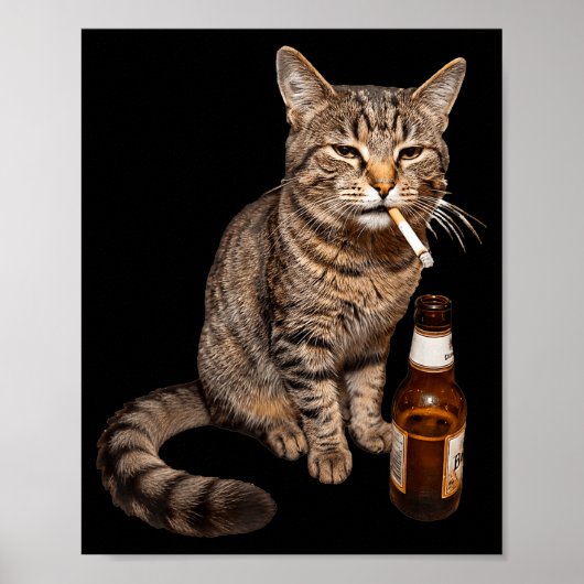 面白い猫がビールを飲んで喫煙するくだらないミーム ポスター (正面)