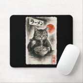 面白い猫がラーメンを食べる日本画(墨絵) かわいい マウスパッド (マウス)