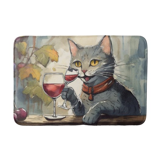 面白い猫がワインを飲むバスマット！ バスマット (正面)