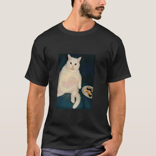 面白い猫が寿司を食べるミーム Tシャツ (正面)