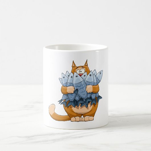 面白い猫が魚を持っているキャラクター お腹を空かせた子猫 コーヒーマグカップ