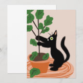 面白い猫とイチジクの木の鉢植えの手描きカード (正面/裏面)