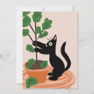 面白い猫とイチジクの木の鉢植えの手描きカード