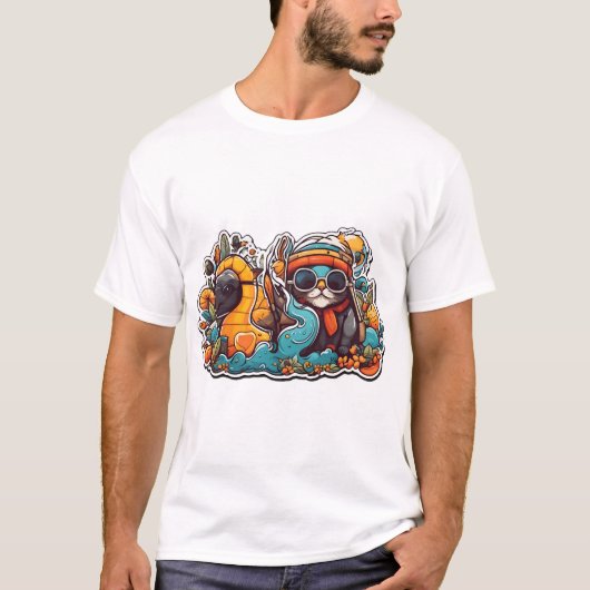 面白い猫とカメ Tシャツ (正面)