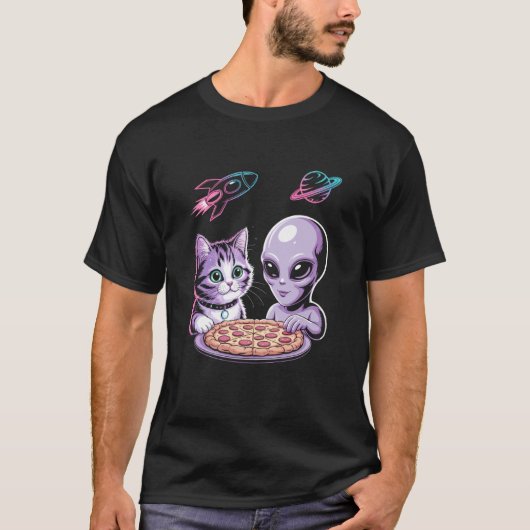 面白い猫と宇宙人がピザをシェアする宇宙UFO 私用 Tシャツ (正面)