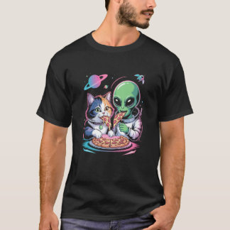 面白い猫と宇宙人がピザをシェアする宇宙UFO Tシャツ