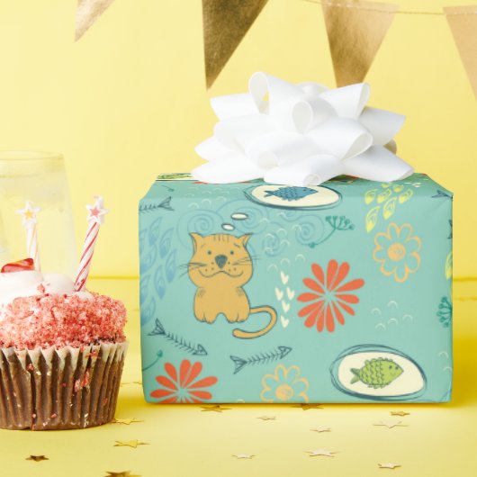 面白い猫と魚 ラッピングペーパー (誕生日パーティー)