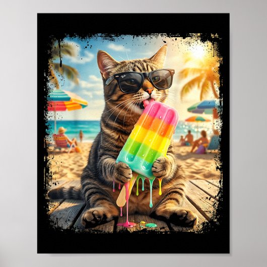 面白い猫のアイスキャンディーのサングラス 夏の動物の面白画像 ポスター (正面)