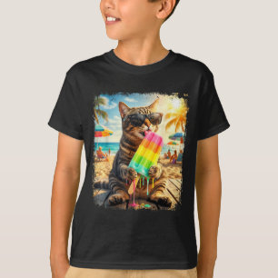 面白い猫のアイスクリーム 夏の動物 サングラス メメ Tシャツ