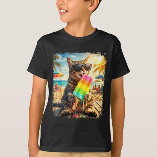面白い猫のアイスクリーム 夏の動物 サングラス メメ Tシャツ (正面)
