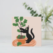 面白い猫のイチジクの木 植木鉢の植物 手描きのカード (スタンド正面)