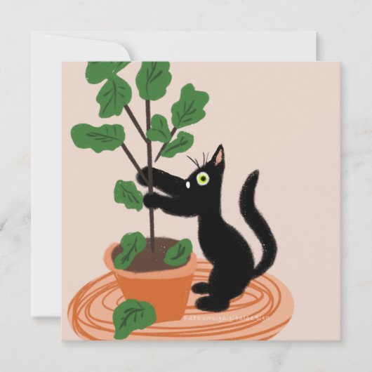 面白い猫のイチジクの木 植木鉢の植物 手描きのカード (正面)