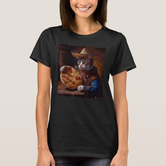 面白い猫のカウボーイ ピザ Tシャツ (正面)