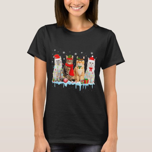 面白い猫のクリスマス電飾トナカイサンタXmasキット Tシャツ (正面)