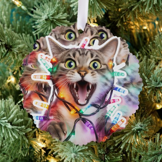 面白い猫のクリスマス電飾ペーパー オーナメントカード (インサイチュ (木))