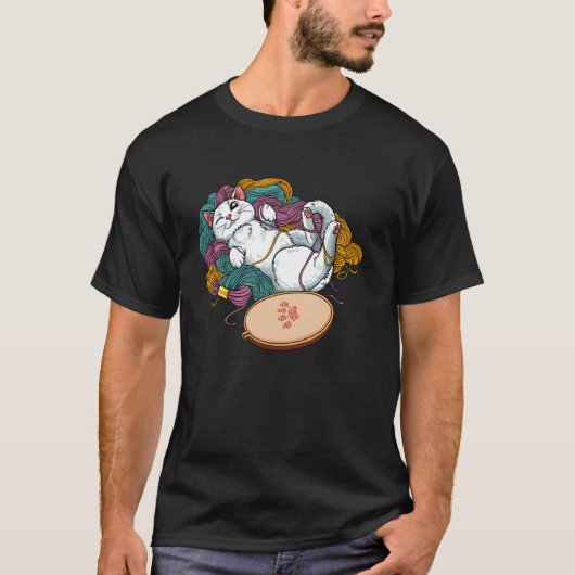 面白い猫のクロスステッチ Tシャツ (正面)