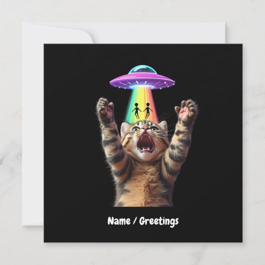 面白い猫のセルフィー エイリアンUFO 滑稽 カスタマイズ可能 招待状 (正面)