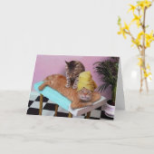 面白い猫のマッサージ誕生日 カード (黄色い花)