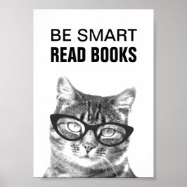 面白い猫の写真が描かれた「賢くなろう、本を読もう」ポスター ポスター
