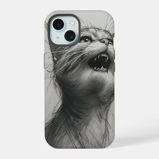 面白い猫の叫びミーム 白黒 iPhone カー 15ケース (裏面)