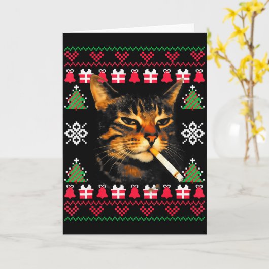 面白い猫の喫煙ミーム クリスマスの醜いセーター  カード (黄色い花)