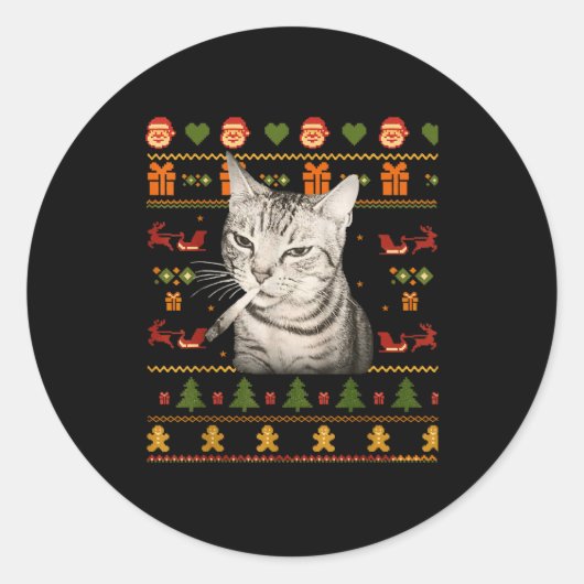 面白い猫の喫煙ミーム クリスマスの醜いセーター ラウンドシール (正面)