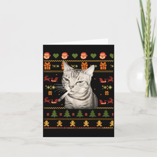 面白い猫の喫煙ミーム クリスマスアグリーセーター カード (正面)