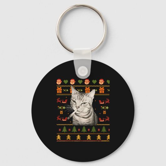 面白い猫の喫煙ミーム クリスマスアグリーセーター キーホルダー (正面)