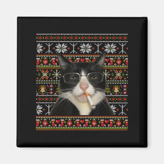 面白い猫の喫煙ミーム クリスマスアグリーセーター 猫 マグネット (正面)