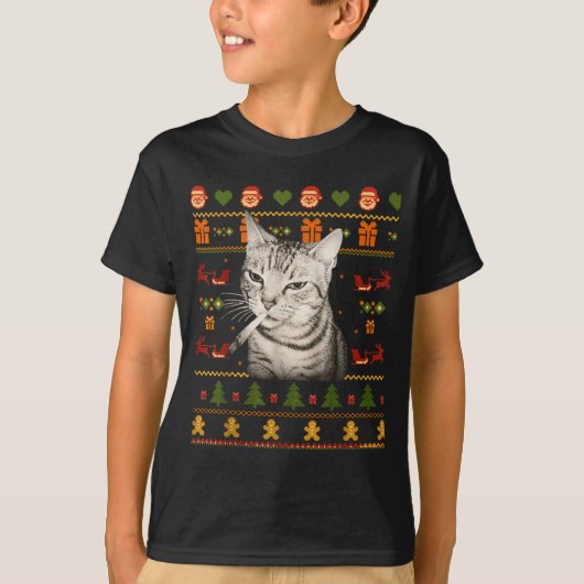 面白い猫の喫煙ミーム クリスマスアグリーセーター Tシャツ (正面)