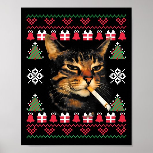 面白い猫の喫煙ミーム ダサいクリスマススウェーター ポスター (正面)
